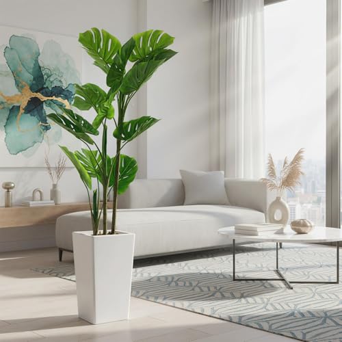 4.5FT Artificial Monstera Plant Tree with Tall White Planter, Fake Swiss Cheese Floor...