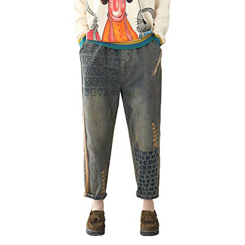 Jeans Broderie Vintage BaronHong Femme - Pantacourt Denim Casual Pantalon Bleu