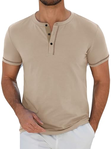 StylSense Henley Shirt Herren Sommer Kurzarm Tshirt Männer Baumwolle Casual T Shirt mit Knopfleiste (Khaki,L