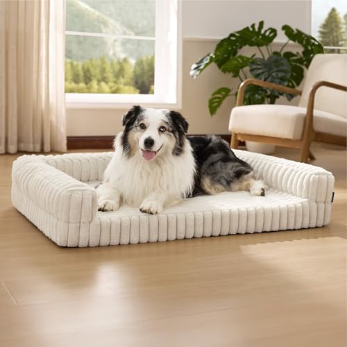 Bedsure ComfyFleece™ Orthopedic Dog Beds for Extra Large Dogs, Waterproof Memory Foam XL Pet Bed with Sides, Non-Slip and Egg-Crate Foam Big Dog Couch Sofa with Washable Corduroy Cover, Cream by Bedsure - Used condition - US$56.02