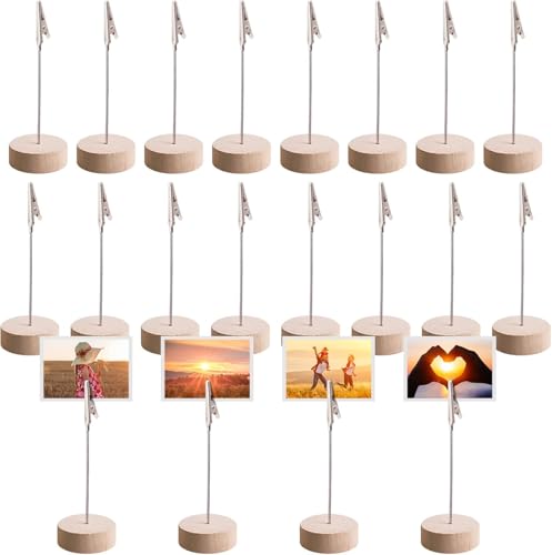 20 PCS Supports Photo avec Pinces - Porte Photo Pince Mémo et Porte-clips Photo Message avec Crocodile et base en bois pour les mariages les fêtes les restaurants les...