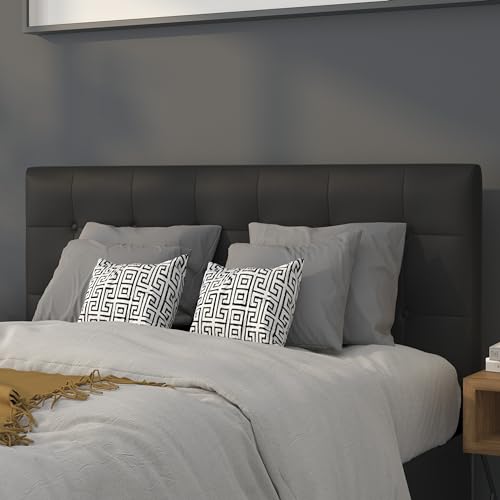 BizChair Button Tufted Upholstered Full Size Headboard in Black Vinyl