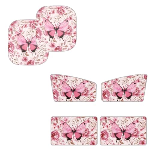 Image of Pink Butterfly Car Sun Shade for Windshield 6 Pack Sun Shield for Side Window Sunshade Blocks UV Rays Easy to Install Car Interior Accessories Sun Protection for Cars