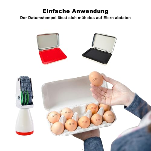 Eier-Datier-Set mit Stempel, Rot- und Schwarz-Tinte, für Eiermarkierung, 4mm Datums-Kautschukstempel, Nur Monat und Tag, kein Jahr
