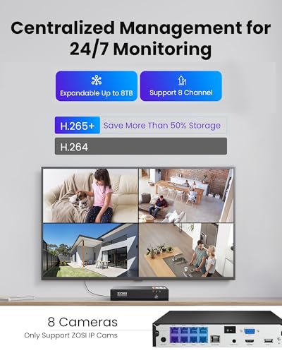 Image of ZOSI 8CH 4K PoE Security Camera System, 8MP 8CH Home Surveillance NVR, 4pcs C186 Aurora Lux Outdoor Indoor Cameras,True Full Color Night Vision,Person Vehicle Detection,2 Way Audio, No HDD Included