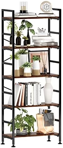 CosyStar 5-Tier Adjustable Tall Bookcase, Rustic Wood and Metal Standing Bookshelf, Industrial Vintage Book Shelf Unit, Open Back Modern Office Bookcases