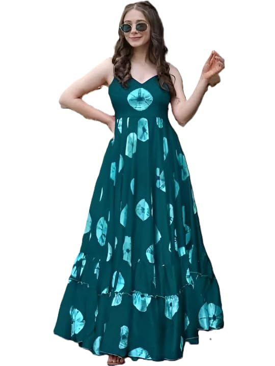 Perabin Women’s Shibori Printed Rayon Blend Tiered Maxi Dress Sleeveless V-Neck Gown for Casual Wear (Deep)