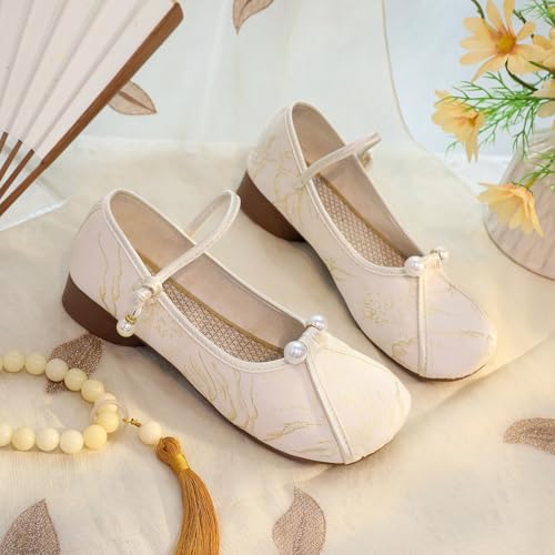 2025 Women's Chinese Style Hanfu Embroidered Shoes Elegant Pearl Low Chunky Heel Mary Jane Shoes Casual Comfort Ankle Strap Shoes Cheongsam Walk Show Yoga Ballet Shoes2