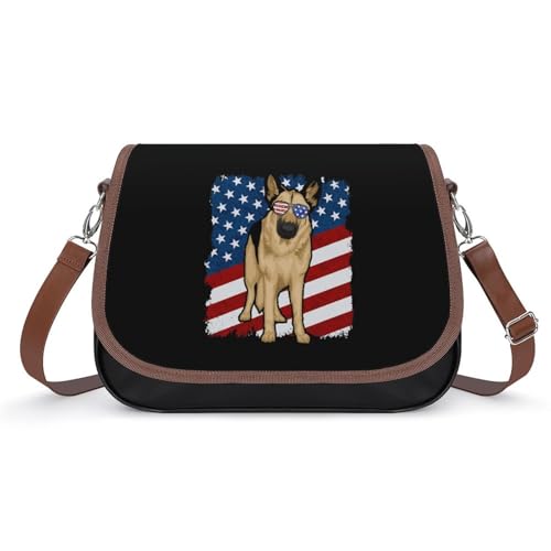 German Shepherd Dog U.S. Flag Classic Crossbody Bags for Women Leather Shoulder Purses Handbag with Wide Strap