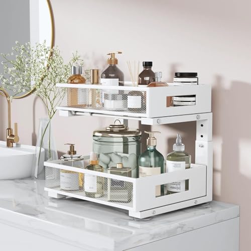 Image of Under Sink Organizer, 2-Tier Dual Pull Out Cabinet Organizer Drawers With Smooth Circular Rail, Large Capacity Metal Mesh Sliding Shelves For Bathroom& Kitchen Storage,Height Adjustable-White,2 Packs