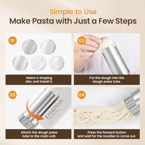 EASEMOM Pasta Maker, Electric Handheld Cordless Noodle Maker Pasta Press Machine, Multifunctional 5 Molds Homemade Spaghetti Ramen for Family, SUS 304 Food Grade Stainless Steel, White