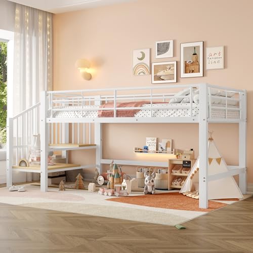 boorbin Halbhohes Hochbett 90x200 cm mit Stauraumtreppe, Kinderbett mit Integriertem Stauraum, Metall-Loft-Bett für Jungen & Mädchen, inkl. Lattenrost, Leichte Montage, Platzsparend (Weiß)