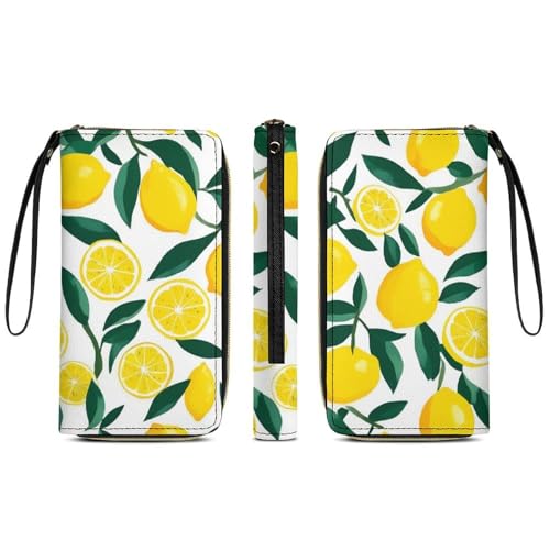 Waterproof Wallet for Women, PU Leather Long Clutch Travel Purse Yellow Lemon Large Capacity ID Card Holder with Zipper