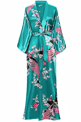 Image of BABEYOND Women's Kimono Robe Long Satin Robes with Peacock and Blossoms Printed Kimono Nightgown