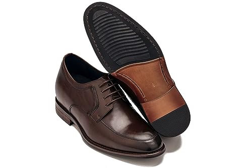 Image of CALTO Men's Invisible Height Increasing Elevator Shoes - Chocolate Brown Premium Leather Lace-up Round-Toe Formal Derby Oxfords - 2.8 Inches Taller - Y7426- Size 6.5 D(M) US