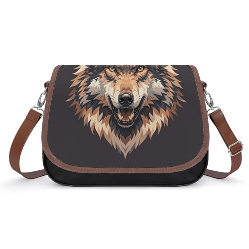 PU Leather Crossbody Bag Coyote Pattern Print Flapover Tote Bag Shoulder Handbag Purse for Women with Adjustable Strap