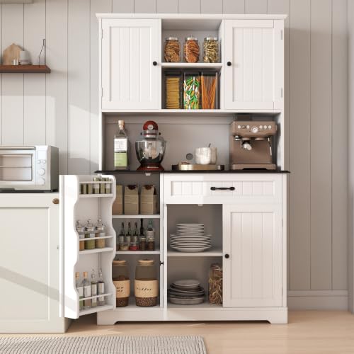 Image of Gizoon Kitchen Pantry Cabinet with Microwave Shelf Tall Coffee Bar Cabinet with Doors and Shelves Farmhouse Kitchen Hutch with Storage for Dining Room and Craft Room, Painted White and Black