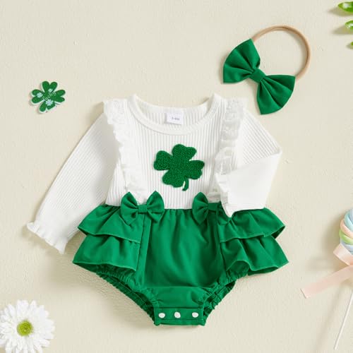 BemeyourBBs St Patricks Day Baby Girl Outfit Shamrock Long Sleeve Bubble Romper Jumpsuit Headband Infant Cute Spring Clothes2