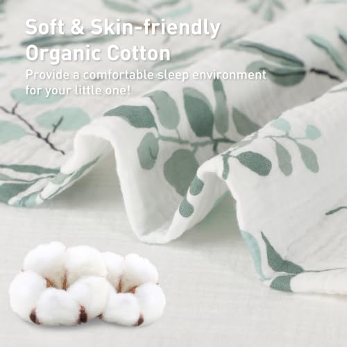 Image of Organic Cotton Muslin Baby Crib Bedding Set 3 Piece Soft for Infant Newborn Toddler Boys Girls 52 inchx28 inch, Nursery Bed Quilt Set Decor with Fitted Crib Sheet, Leaves Quilted Comforter Blanket, Bed Skirt