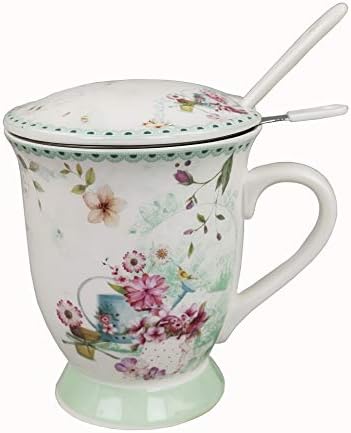 GMMH Tea cup with lid, spoon and strainer cup made of porcelain for loose tea or bags (flower)