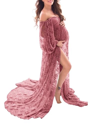 Saslax Weiches, dehnbares Spitzenkleid aus Schulterfrei, doppelt geteilter A-Linien-Rock, Schwangerschaftskleid, Maxikleid für Fotoshootings - Pink -...