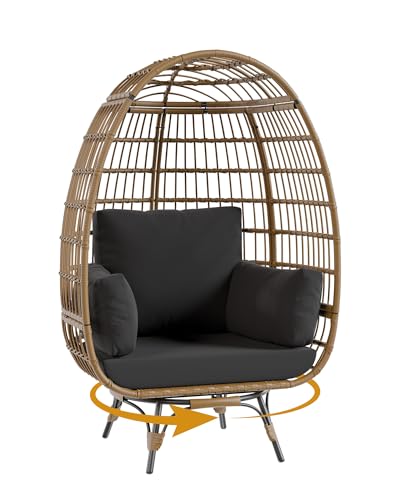 GarveeLife Oversize 360°Swivel Egg Chair, Patio Rotating Rattan Egg Basket Lounge Chair with Steel Frame and 4 Cushions, Heavy-Duty Wicker Egg-Shaped Chair for Indoor/Outdoor, Porch, Backyard, Black