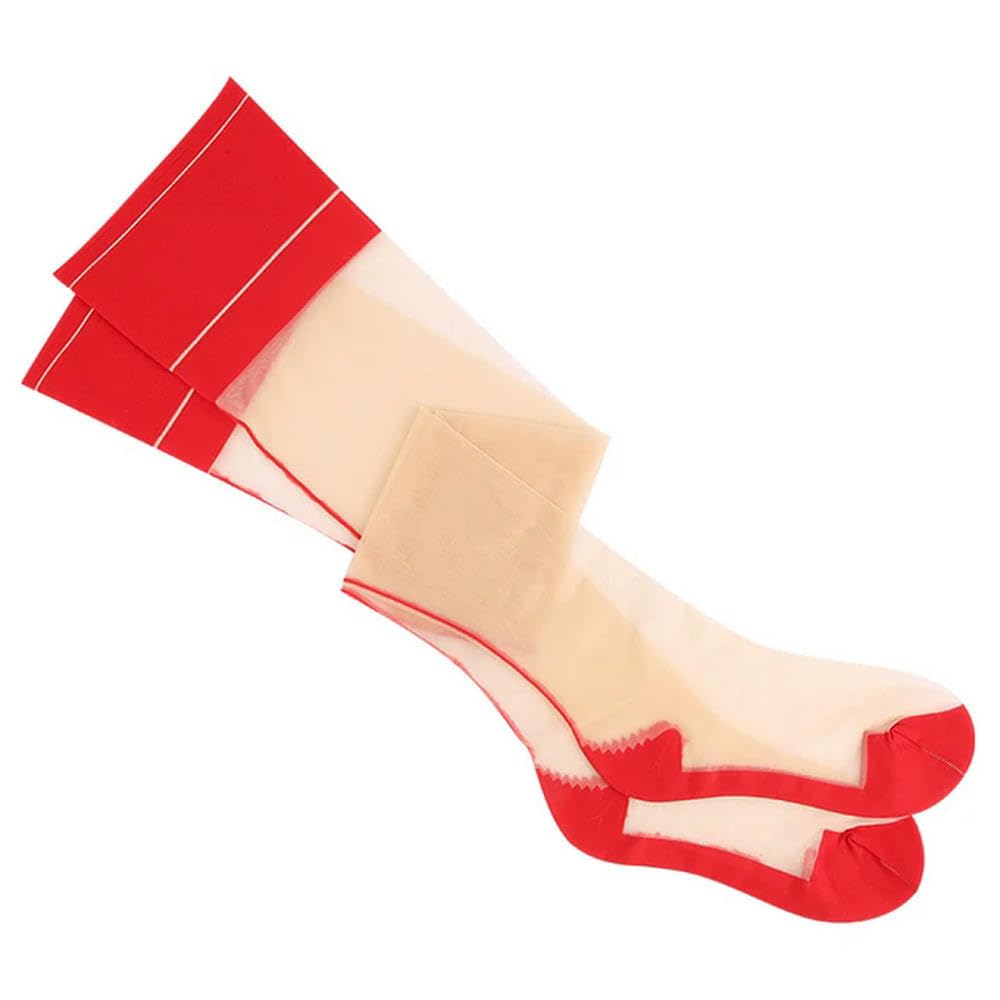 Meifulle Nude Red Contrast Color Rib Cut Edge Thigh High Stockings Retro Cuban Heel Back Seam Medias 10D Ultra Thin Transparent Underwear