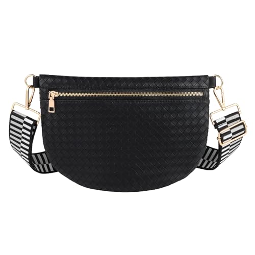 Woven Crossbody Bags for Women Leather Belt Bum Sling Purse Fanny Waist Pack Chest Shoulder Bag for Women-Black