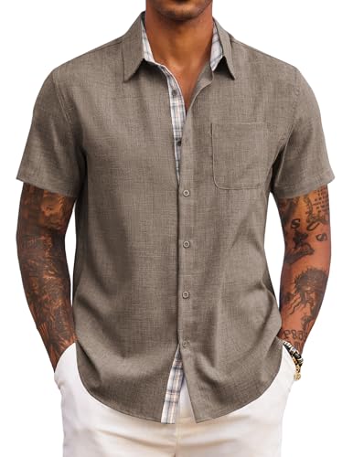 COOFANDY Camisa Hombre Manga Corta Regular Verano Ligera para Playa Vacaciones con Bolsillo Marrón L