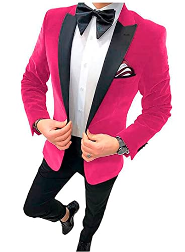 2 PC Slim Fit Terciopelo Hombres Traje Pico Solapa Un Botón Traje De Negocios Chaqueta Pantalones Boda Esmoquin, fucsia, 52 Cover