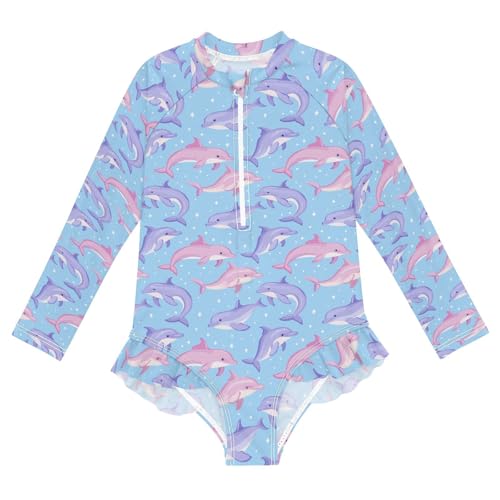 Girls One Piece Swimsuits Long Sleeve Bathing Suits Dolphin Sun Protection Swimwear 3-12 Years