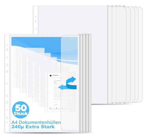 Agoer Din A4 Dokumentenhüllen mit Klappe 50 Stück Prospekthüllen A4 Seitlich Offen 240 Klarsichthüllen Transparent 11 Loch Extra Stark Klarsichtfolien für Papier Fotos Ordner Akten & Dokumente