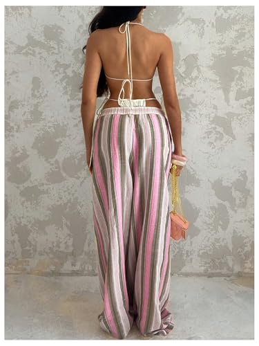GORGLITTER Women's Striped Linen Pants Summer Casual Boho Bow Elastic Low Waist Drawstring Wide Leg Pants Dressy3