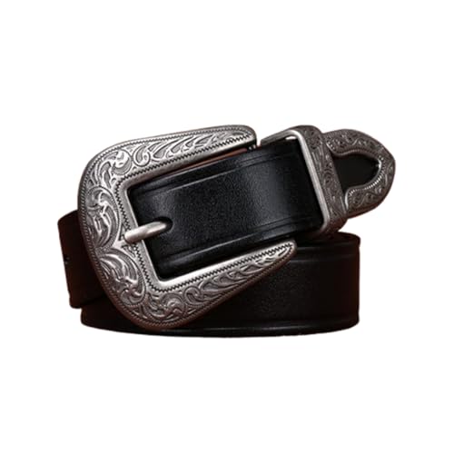 Women 28mm Thin Belt for Jeans Pants Dress Ladies Skinny Leather Strap with Engraved Floral Antique Silver Buckle
