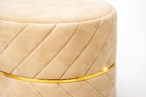 Image of Premium Velvet Puffy Ottoman Stool for Living Room | Round Footrest with Diagonal Channel Stitching & Gold Metal Base | Luxury Pouffe for Bedroom & Dressing Area