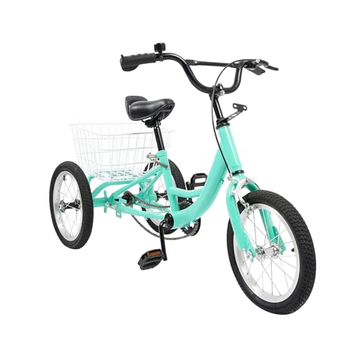 xbdgeyey Triciclo de 14 pulgadas para niños, triciclo individual, triciclo de 3 ruedas, con cesta trasera grande, manillar ajustable y sillín, para compras, picnic y deportes al aire libre