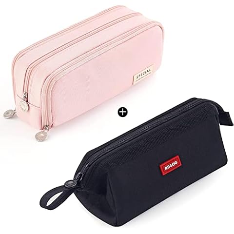 CICIMELON Large Capacity Pen Case Black, 3 Compartments Pink Pencil Case Pouch Bag Cover