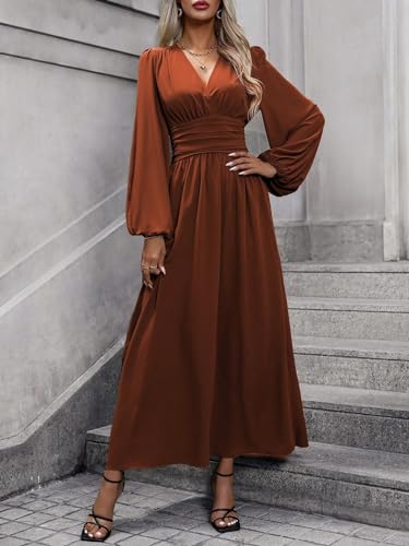 Women's 2025 Spring Fall Dress Lantern Sleeve Ruched Slit Dress3