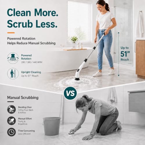 Image of PPLEE Cordless Electric Spin Scrubber, 3 Speeds, 51-Inch Long Handle