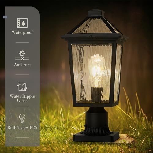 Image of zeyu 16.5 Inch Large Post Lights, Post Lamps Outdoor for Garden Porch, Die-Cast Aluminum with Water Ripple Glass, Black Finish, ZX58MP-SW BK