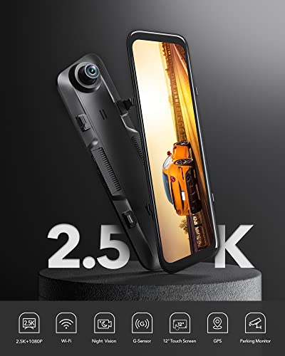 Wolfbox 12'' Mirror Dash Cam With Wifi,2.5K Rear View Mirror Camera With 1080P Rear Camera,Wifi Mirror Dash Cam Front And Rear,Dual Dash Camera For Cars With 32Gb Tf Card & Gps,Parking Monitoring #TOP1