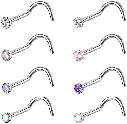8PCS G23 Titanium Twist Screw Nose Studs 18G 20G Nose Rings 2mm 2.5mm 3mm Clear Pink Purple Aurora CZ Gold Nose Piercing Studs Nostril for Women Men Gilrs Boys (20g silver mix-color cz 2mm)