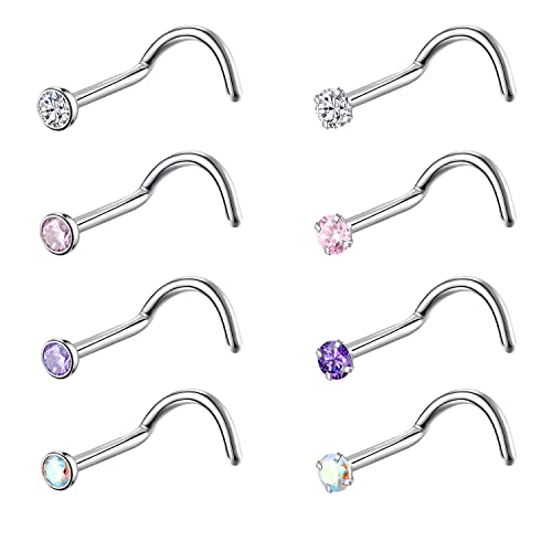 8Pcs G23 Titanium Twist Screw Nose Studs 18G 20G Nose Rings 2Mm 2.5Mm 3Mm Clear Pink Purple Aurora Cz Gold Nose Piercing Studs Nostril For Women Men Gilrs Boys (20G Silver Mix-Color Cz 2Mm) #TOP18