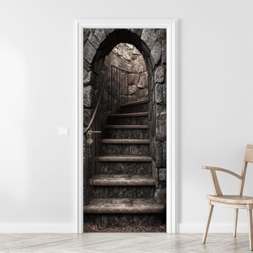 3D Door Sticker Stone Staircase Metal Handrail Arched Entryway Aged Stonework Lighting Door Murals Peel and Stick Self-Adhesive Door Decal Removable Wallpaper Poster Home Decor for Bedroom 30.3"x78.7"