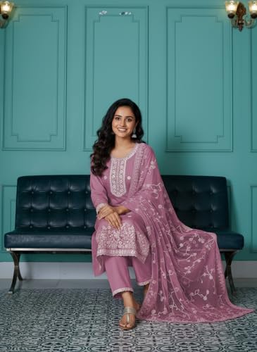Image of SHIENZY Women's Chanderi Kurta Set with Dupatta | Embroidered Straight Kurta Pant Set for Women | Ethnic Kurta for Women | Festive Kurta Pant Dupatta Set | Traditional Indian Outfit
