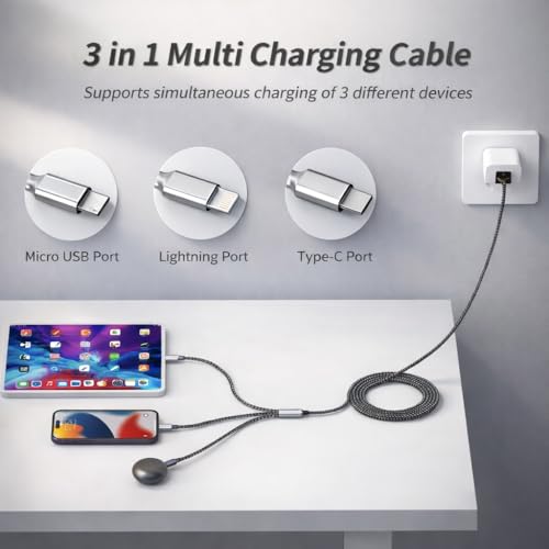 Image of Universal 3-in-1 65W Multi Fast Charging Cable - 5A Nylon Braided 4FT Cable with Type-C & Micro USB for iPhone, iPad, Samsung,OnePlus,Xiaomi, Oppo,Vivo,Android & Car Charging (Black)