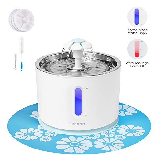 Vekonn Cat Water Fountain, Stainless Steel Top and Intelligent Auto Power Off Pump 3 Carbon Filters, 1 Mat and 2 Cleaning Brushes, Water Level Window with LED Light (Green)