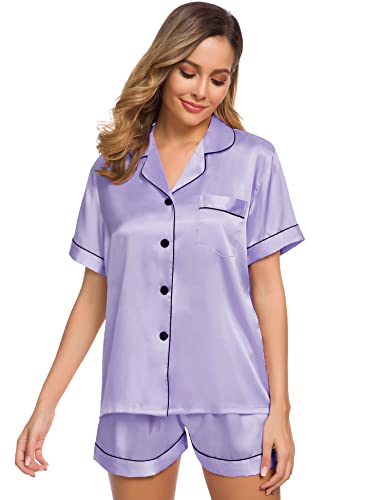 Image of SWOMOG Womens Silk Satin Pajamas Set Short Sleeve Sleepwear Button Down Top and Shorts Loungewear 2 Piece Pjs Set XS-3XL