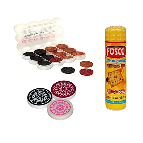 Optimus® Premium Carrom Combo H - 250 gm Disco Carrom Powder 1 Set Wooden Carrom-Men Coins & 3 Acrylic Strikers