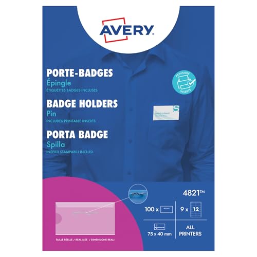 Avery 4821 Printable and Customisable Name Badges with Plastic Cases and Pins (70 x 45 mm Badges, Pack of 100) - White